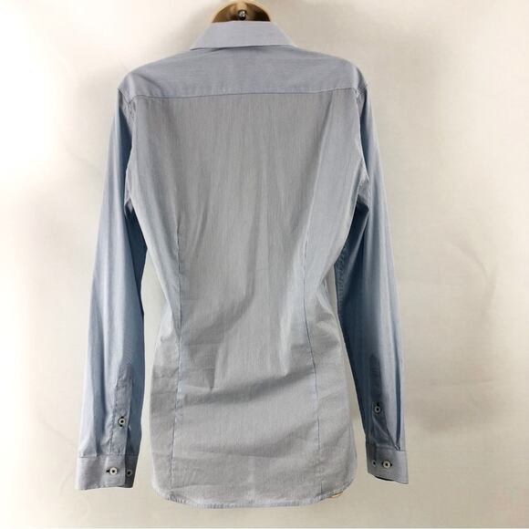 H&M Classic Light Blue Pinstripe Long Sleeve Button Front Shirt Navy Stripe Cuff - Picture 2 of 16